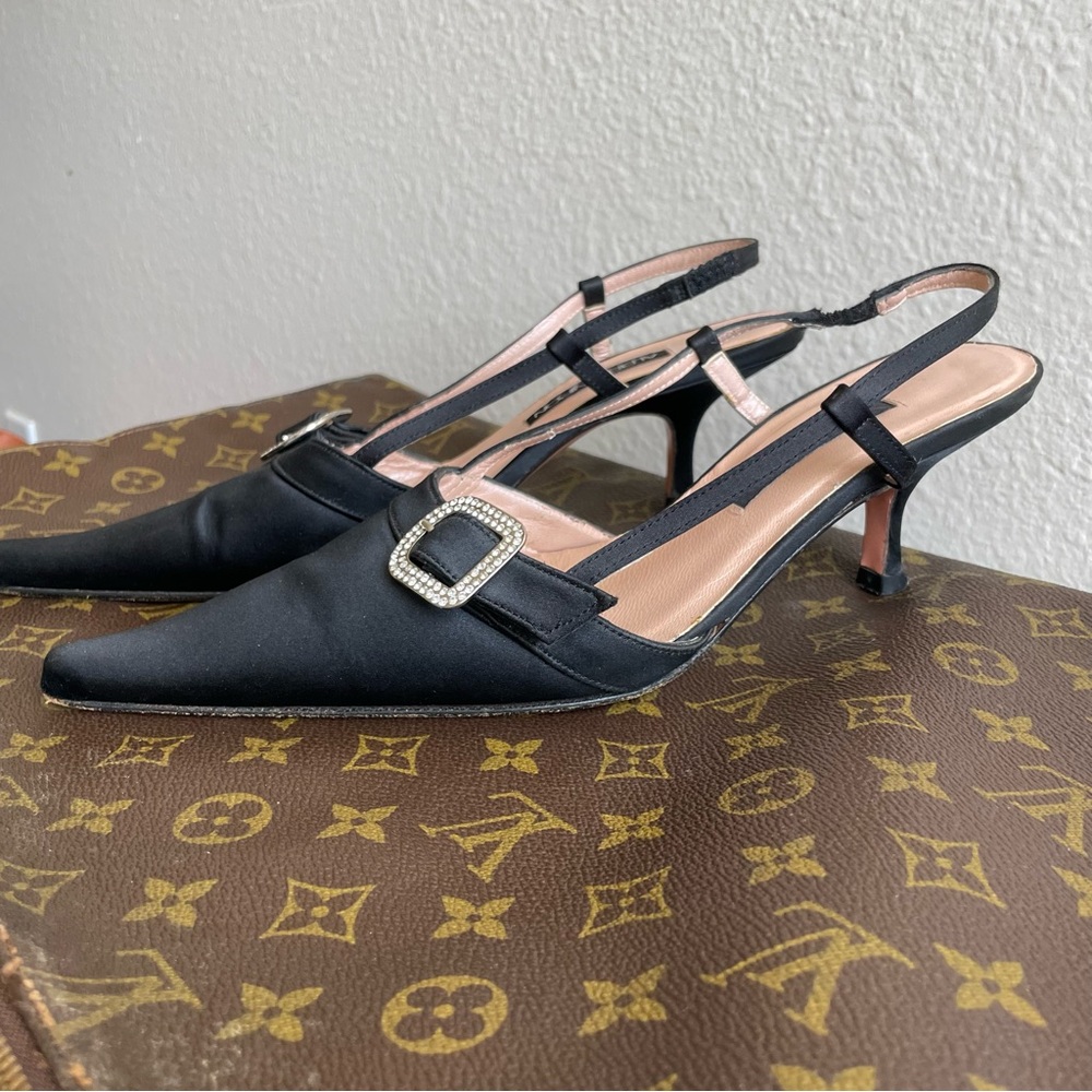 Albert Nipon Black Satin Pointed Slingback Heels with Rhinestone Buckle